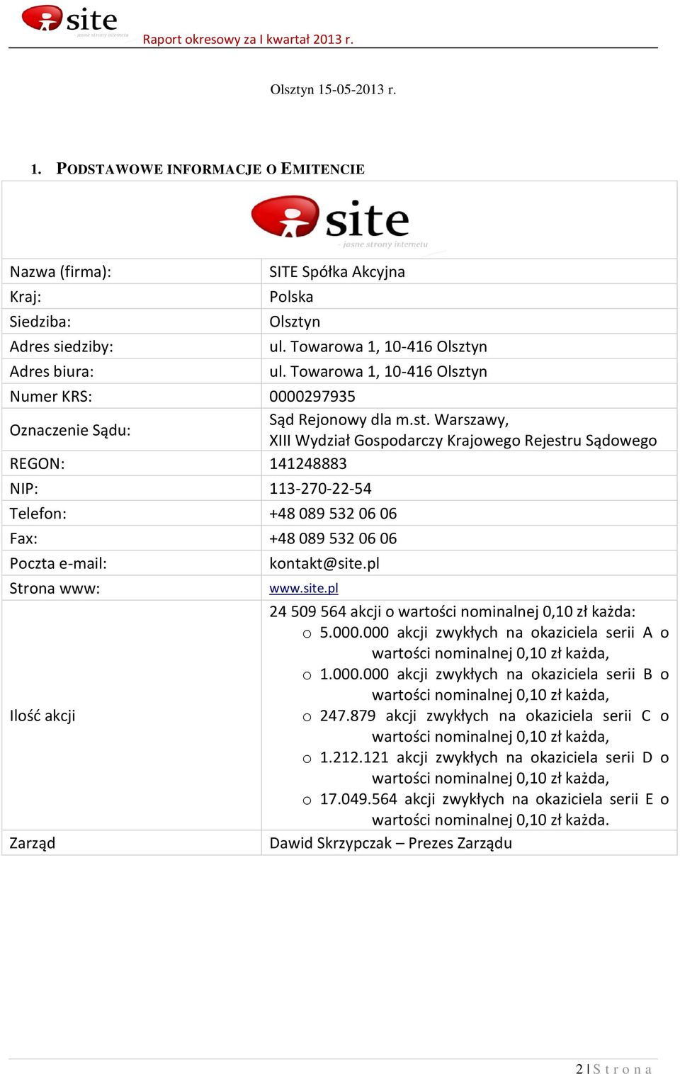 Warszawy, XIII Wydział Gospodarczy Krajowego Rejestru Sądowego REGON: 141248883 NIP: 113-270-22-54 Telefon: +48 089 532 06 06 Fax: +48 089 532 06 06 Poczta e-mail: Strona www: Ilość akcji Zarząd