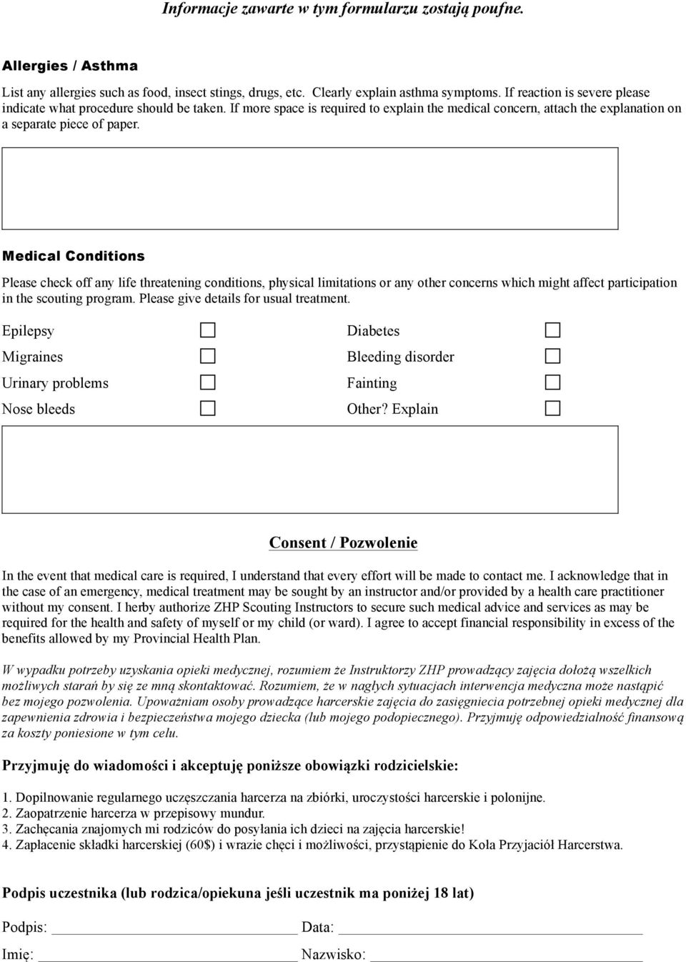 Medical Conditions Please check off any life threatening conditions, physical limitations or any other concerns which might affect participation in the scouting program.