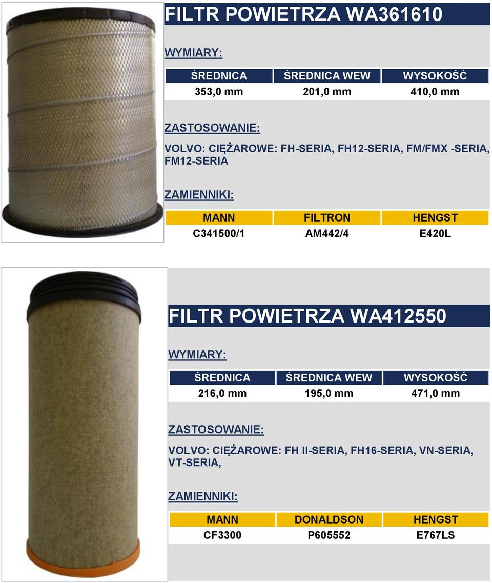 FILTR POWIETRZA WA412550 216,0 mm 195,0 mm 471,0 mm VOLVO: CIĘŻAROWE: FH