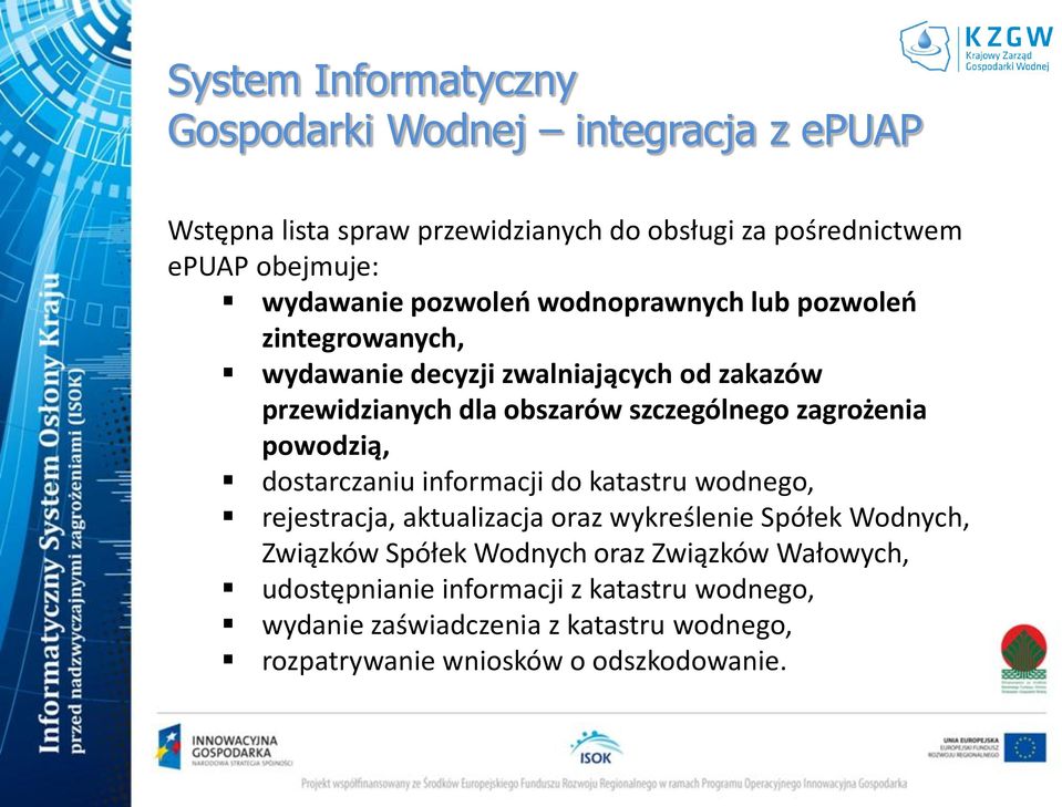 zagrożenia powodzią, dostarczaniu informacji do katastru wodnego, rejestracja, aktualizacja oraz wykreślenie Spółek Wodnych, Związków Spółek