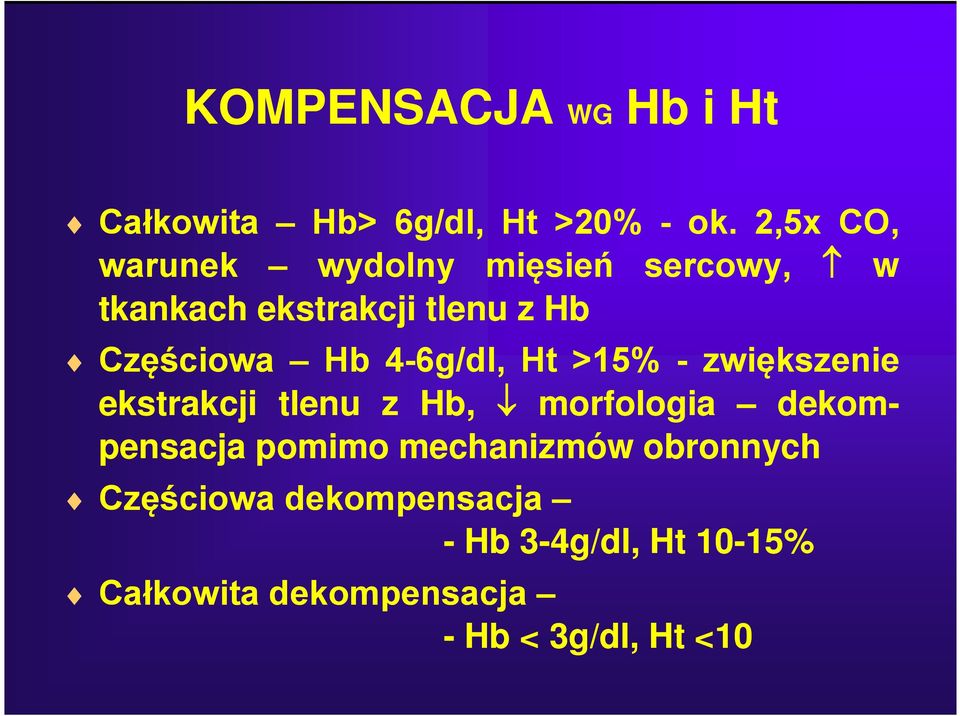 Hb 4-6g/dl, Ht >15% - zwiększenie ekstrakcji tlenu z Hb, morfologia dekompensacja