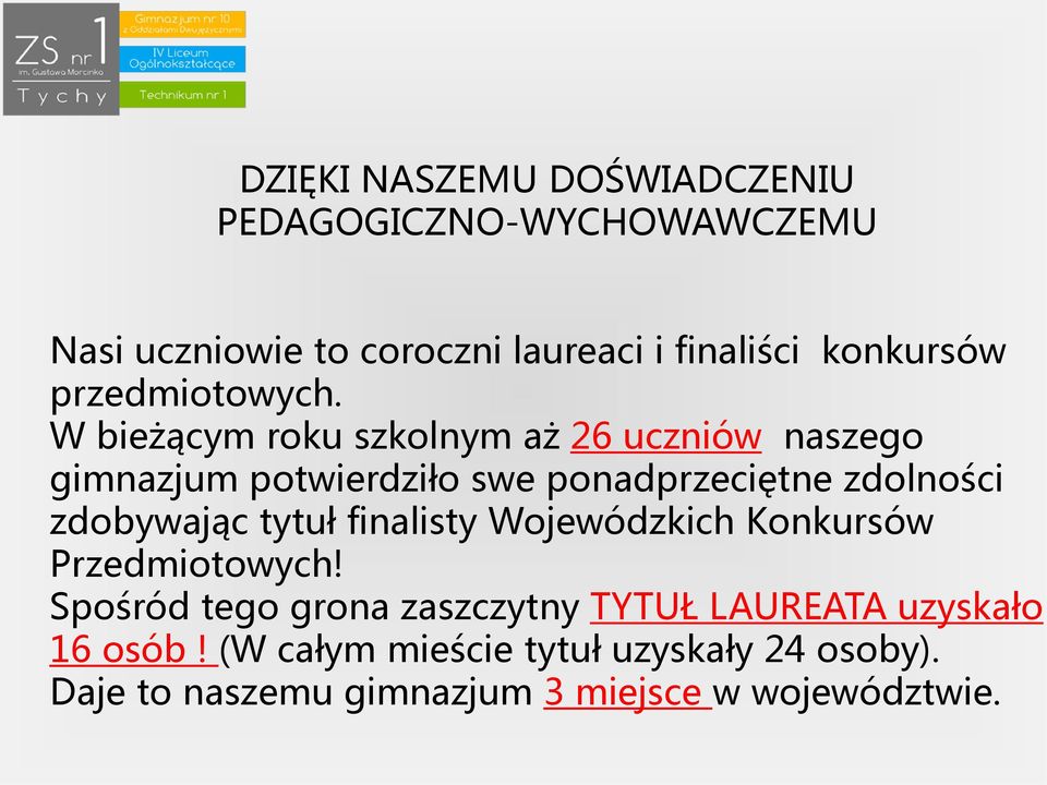 W bieżącym roku szkolnym aż 26 uczniów naszego gimnazjum potwierdziło swe ponadprzeciętne zdolności zdobywając