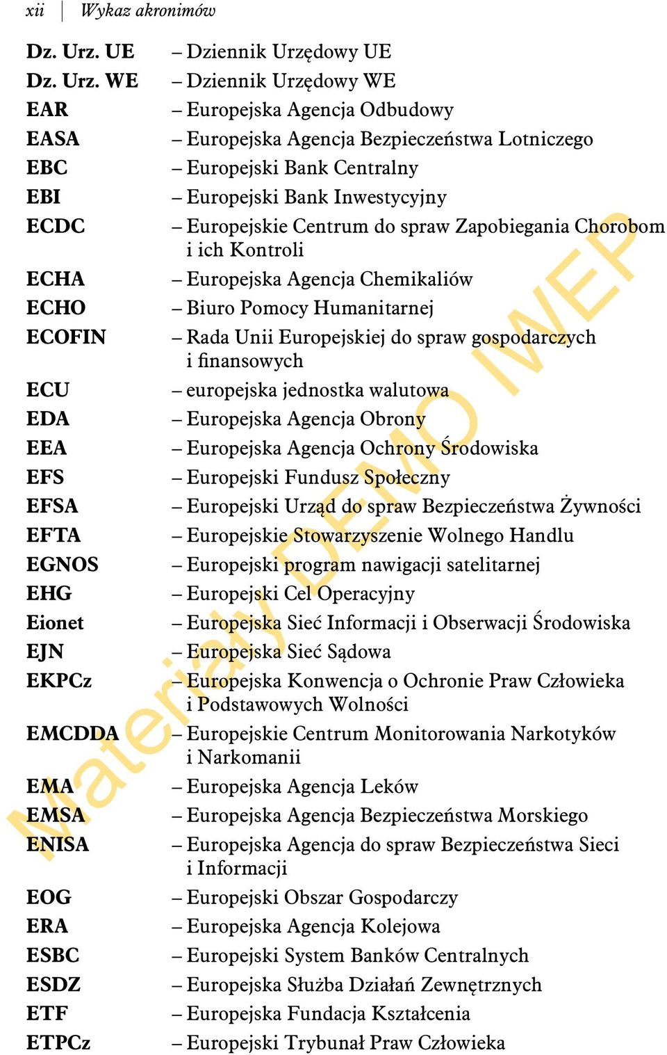 WE EAR EASA EBC EBI ECDC ECHA ECHO ECOFIN ECU EDA EEA EFS EFSA EFTA EGNOS EHG Eionet EJN EKPCz EMCDDA EMA EMSA ENISA Dziennik Urzędowy UE Dziennik Urzędowy WE Europejska Agencja Odbudowy Europejska