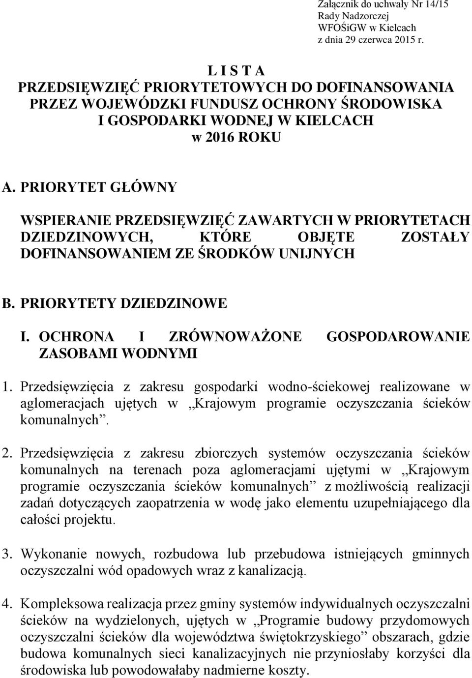 PRIORYTET GŁÓWNY WSPIERANIE PRZEDSIĘWZIĘĆ ZAWARTYCH W PRIORYTETACH DZIEDZINOWYCH, KTÓRE OBJĘTE ZOSTAŁY DOFINANSOWANIEM ZE ŚRODKÓW UNIJNYCH B. PRIORYTETY DZIEDZINOWE I.