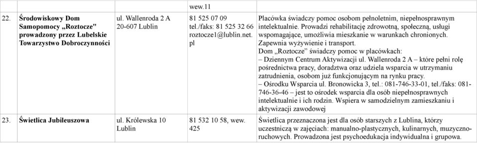 Prowadzi rehabilitację zdrowotną, społeczną, usługi wspomagające, umożliwia mieszkanie w warunkach chronionych. Zapewnia wyżywienie i transport.