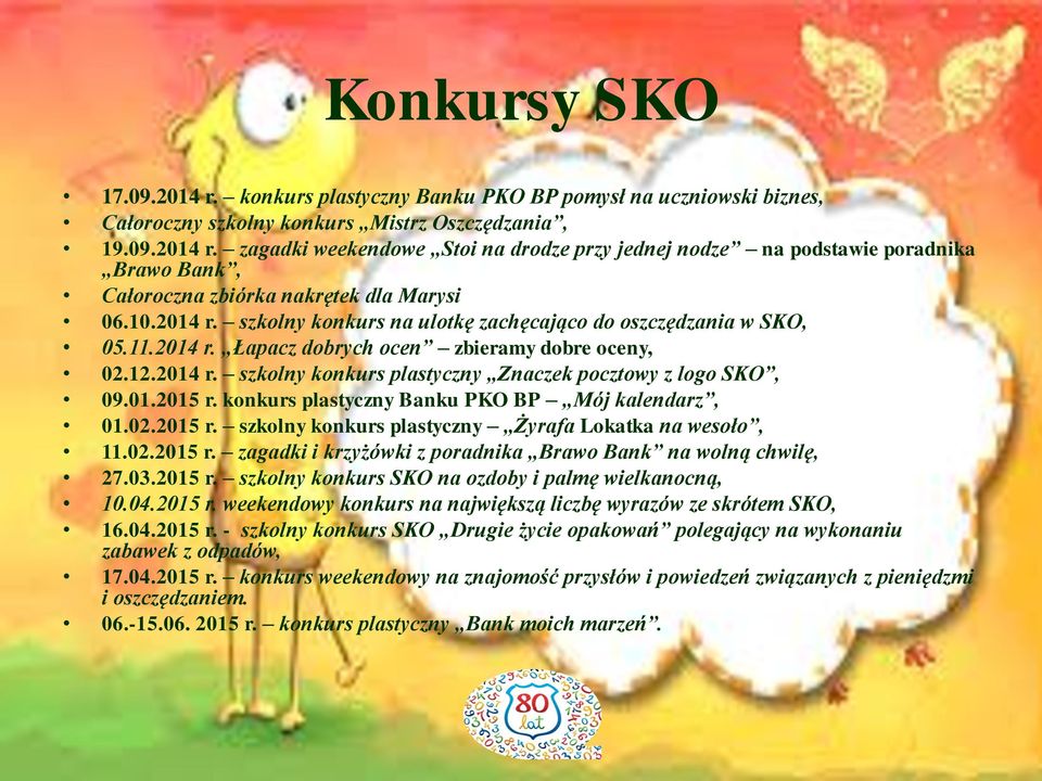 01.2015 r. konkurs plastyczny Banku PKO BP Mój kalendarz, 01.02.2015 r. szkolny konkurs plastyczny Żyrafa Lokatka na wesoło, 11.02.2015 r. zagadki i krzyżówki z poradnika Brawo Bank na wolną chwilę, 27.