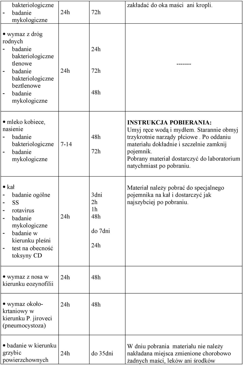 kał ogólne - SS - rotavirus w kierunku pleśni - test na obecność toksyny CD 3dni 2h 1h do 7dni Materiał należy pobrać do specjalnego pojemnika na kał i dostarczyć jak najszybciej po pobraniu.