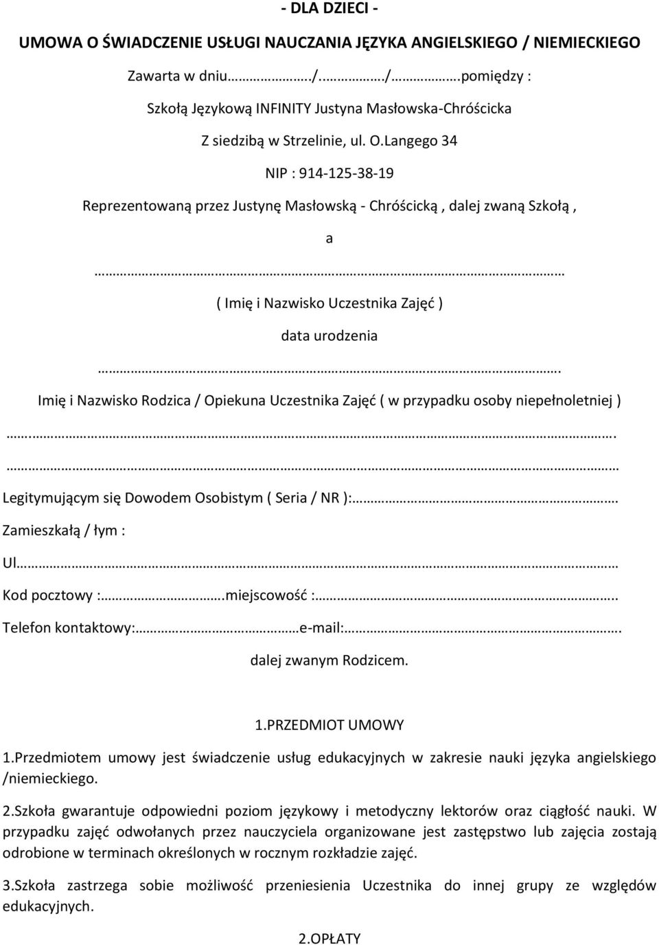 DLA DZIECI - UMOWA O ŚWIADCZENIE USŁUGI NAUCZANIA JĘZYKA ANGIELSKIEGO /  NIEMIECKIEGO - PDF Free Download