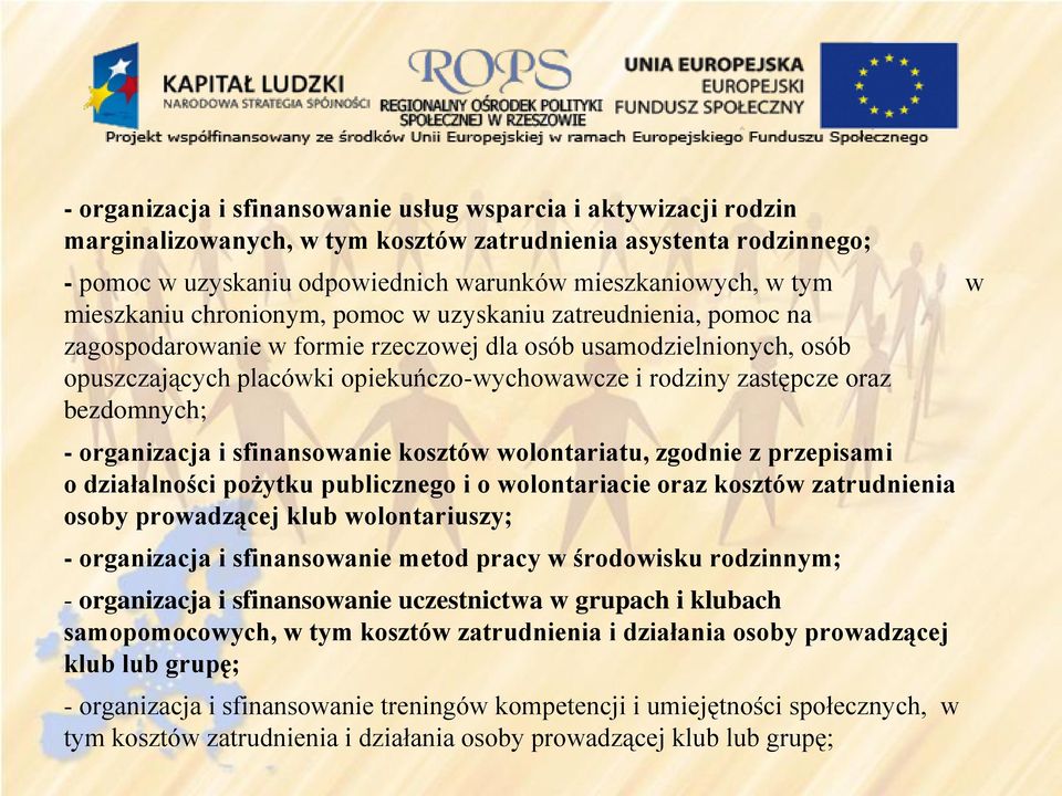 zastępcze oraz bezdomnych; - organizacja i sfinansowanie kosztów wolontariatu, zgodnie z przepisami o działalności pożytku publicznego i o wolontariacie oraz kosztów zatrudnienia osoby prowadzącej