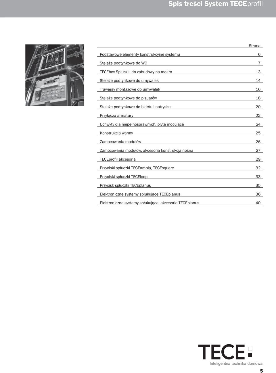 niepełnosprawnych, płyta mocująca 24 Konstrukcja wanny 25 Zamocowania modułów 26 Zamocowania modułów, akcesoria konstrukcja nośna 27 TECEprofil akcesoria 29 Przyciski