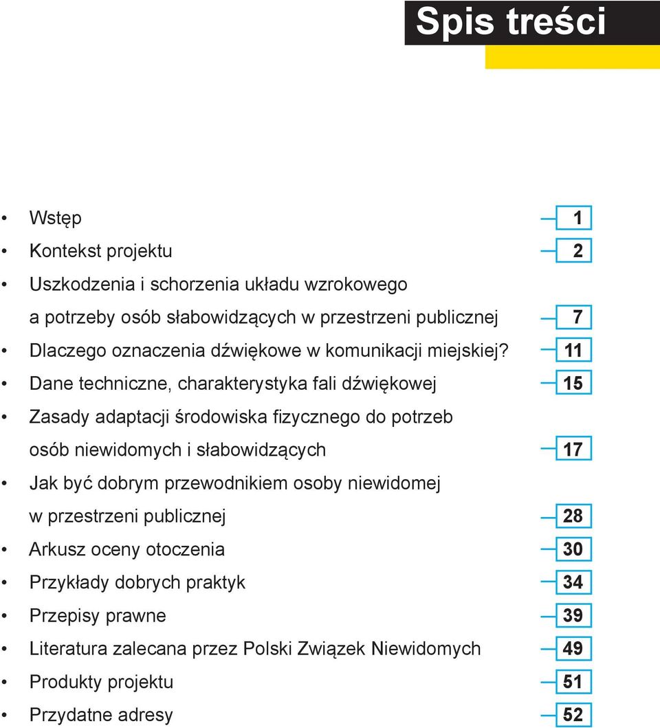 11 Dane techniczne, charakterystyka fali dźwiękowej 15 Zasady adaptacji środowiska fi zycznego do potrzeb osób niewidomych i słabowidzących 17 Jak