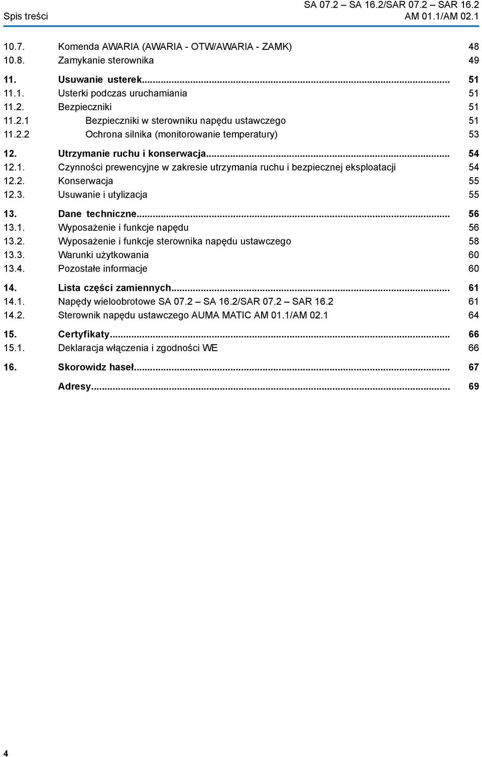Usuwanie i utylizacja 13. Dane techniczne... 13.1. Wyposażenie i funkcje napędu 13.2. Wyposażenie i funkcje sterownika napędu ustawczego 13.3. Warunki użytkowania 13.4. Pozostałe informacje 14.