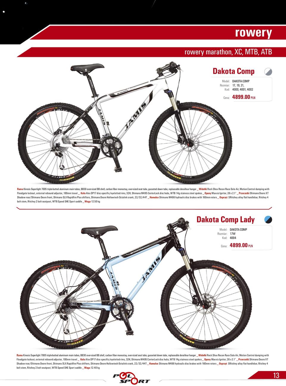 Widełki Rock Shox Recon Race Solo Air, Motion Control damping with Floodgate lockout, external rebound adjustor, 100mm travel _ Koła Alex DP17 disc-specific/eyeletted rims, 32H, Shimano M495