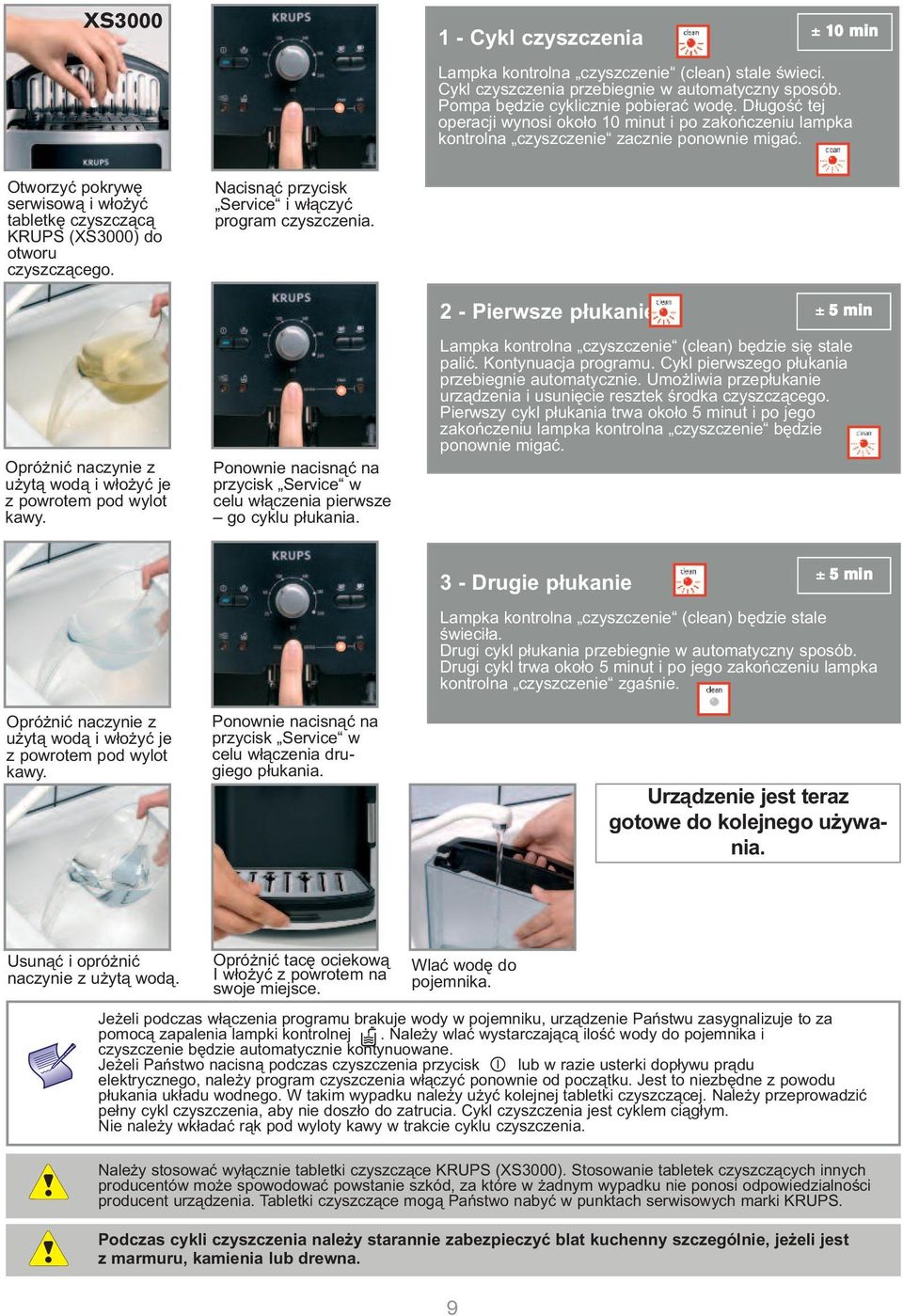 Otworzyć pokrywę serwisową i włożyć tabletkę czyszczącą KRUPS (XS3000) do otworu czyszczącego. Nacisnąć przycisk Service i włączyć program czyszczenia.
