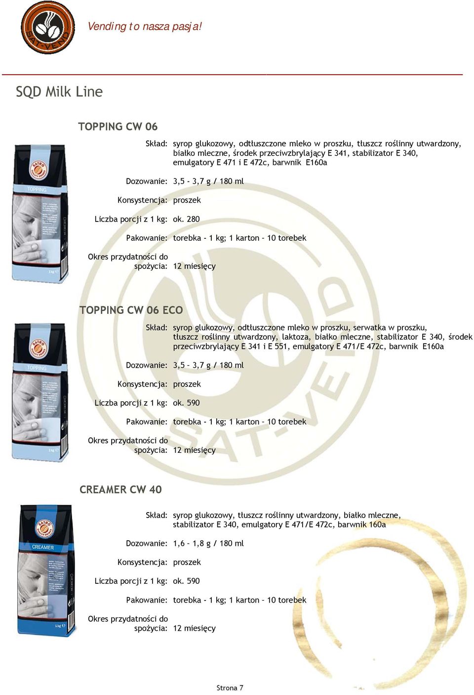 280 TOPPING CW 06 ECO syrop glukozowy, odtłuszczone mleko w proszku, serwatka w proszku, tłuszcz roślinny utwardzony, laktoza, białko mleczne, stabilizator E 340,