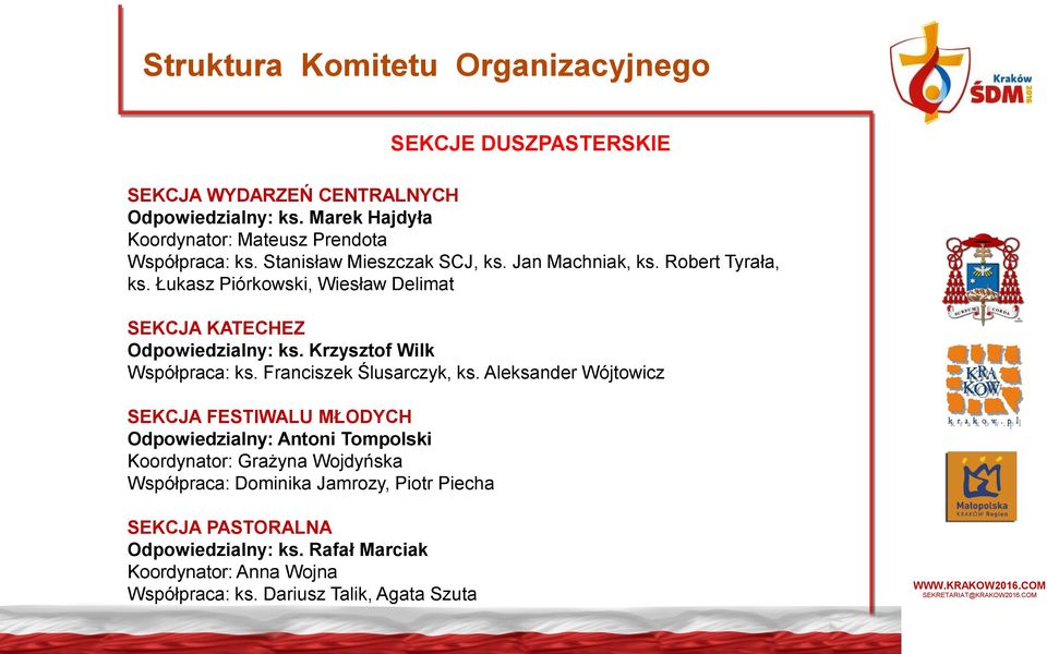 Łukasz Piórkowski, Wiesław Delimat SEKCJA KATECHEZ Odpowiedzialny: ks. Krzysztof Wilk Współpraca: ks. Franciszek Ślusarczyk, ks.