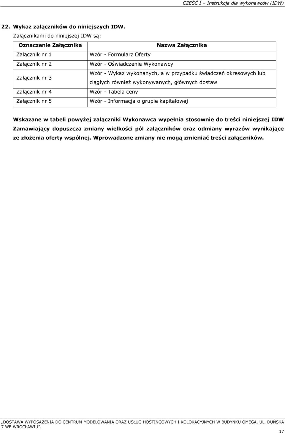 świadczeń okresowych lub Załącznik nr 3 ciągłych również wykonywanych, głównych dostaw Załącznik nr 4 Wzór - Tabela ceny Załącznik nr 5 Wzór - Informacja o grupie kapitałowej Wskazane w tabeli