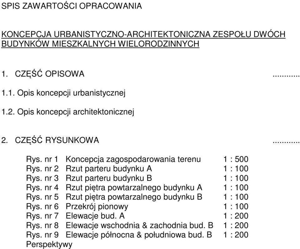 nr 3 Rzut parteru budynku B 1 : 100 Rys. nr 4 Rzut piętra powtarzalnego budynku A 1 : 100 Rys. nr 5 Rzut piętra powtarzalnego budynku B 1 : 100 Rys.
