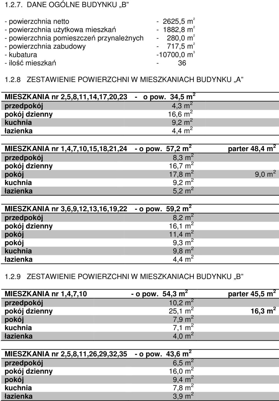 kubatura -10700,0 m 3 - ilość mieszkań - 36 1.2.8 ZESTAWIENIE POWIERZCHNI W MIESZKANIACH BUDYNKU A MIESZKANIA nr 2,5,8,11,14,17,20,23 - o pow.