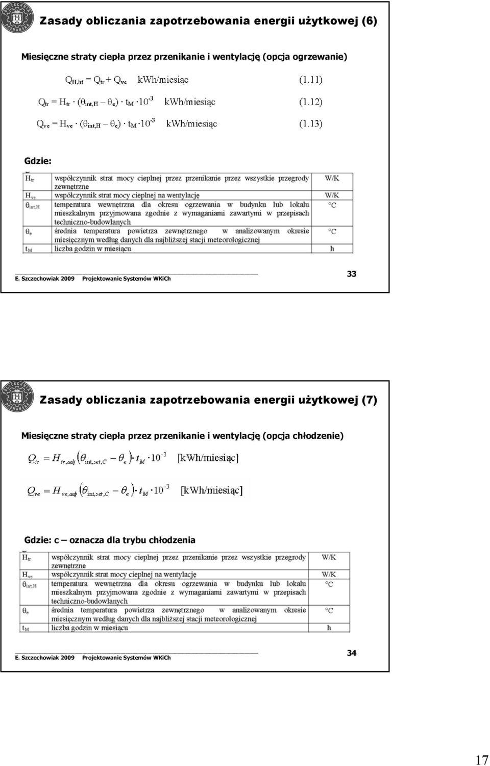 obliczania zapotrzebowania energii użytkowej (7) Miesięczne straty ciepła