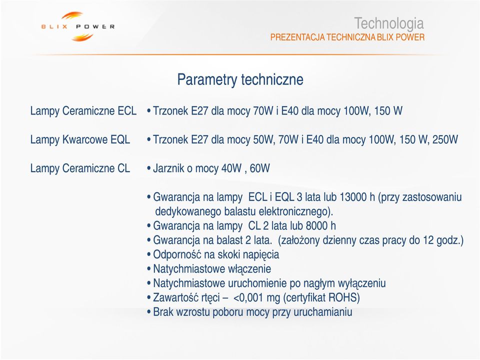 balastu elektronicznego). Gwarancja na lampy CL 2 lata lub 8000 h Gwarancja na balast 2 lata. (załoŝony dzienny czas pracy do 12 godz.