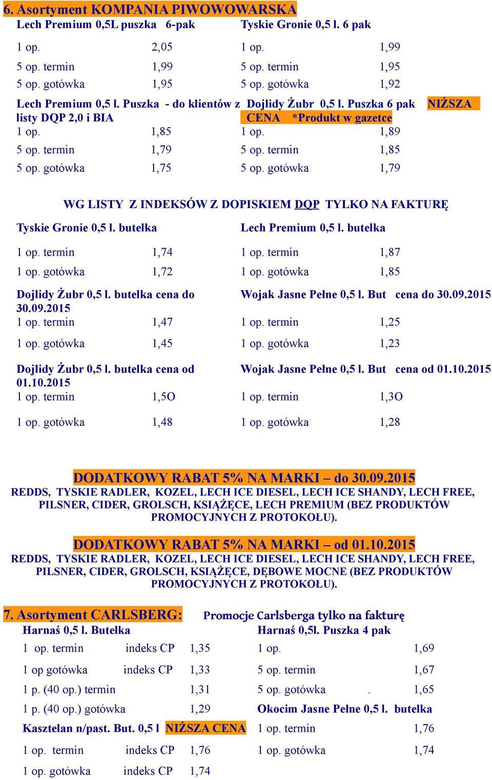 gotówka 1,75 5 op. gotówka 1,79 NIŻSZA WG LISTY Z INDEKSÓW Z DOPISKIEM DQP TYLKO NA FAKTURĘ Tyskie Gronie 0,5 l. butelka Lech Premium 0,5 l. butelka 1 op. termin 1,74 1 op. termin 1,87 1 op.