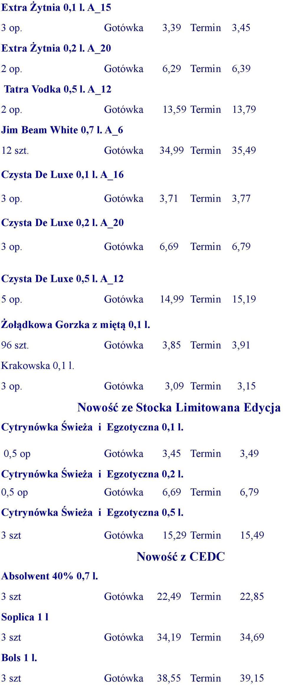 Gotówka 14,99 Termin 15,19 Żołądkowa Gorzka z miętą 0,1 l. 96 szt. Gotówka 3,85 Termin 3,91 Krakowska 0,1 l. 3 op.