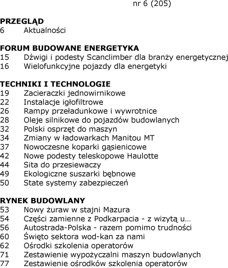 teleskopowe Haulotte 44 Sita do przesiewaczy 49 Ekologiczne suszarki bębnowe 50 State systemy zabezpieczeń 53 Nowy żuraw w stajni Mazura 54 Części zamienne z Podkarpacia - z wizytą u 56