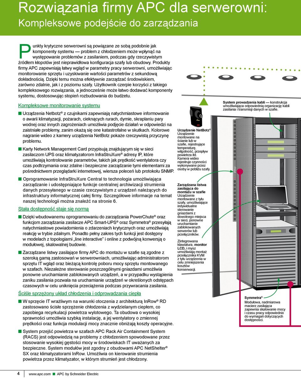 Produkty firmy APC zapewniają łatwy wgląd w parametry pracy serwerowni, umożliwiając monitorowanie sprzętu i uzyskiwanie wartości parametrów z sekundową dokładnością.