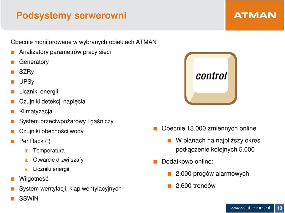 ) Temperatura Otwarcie drzwi szafy Liczniki energii Wilgotność System wentylacji, klap wentylacyjnych Obecnie 13.