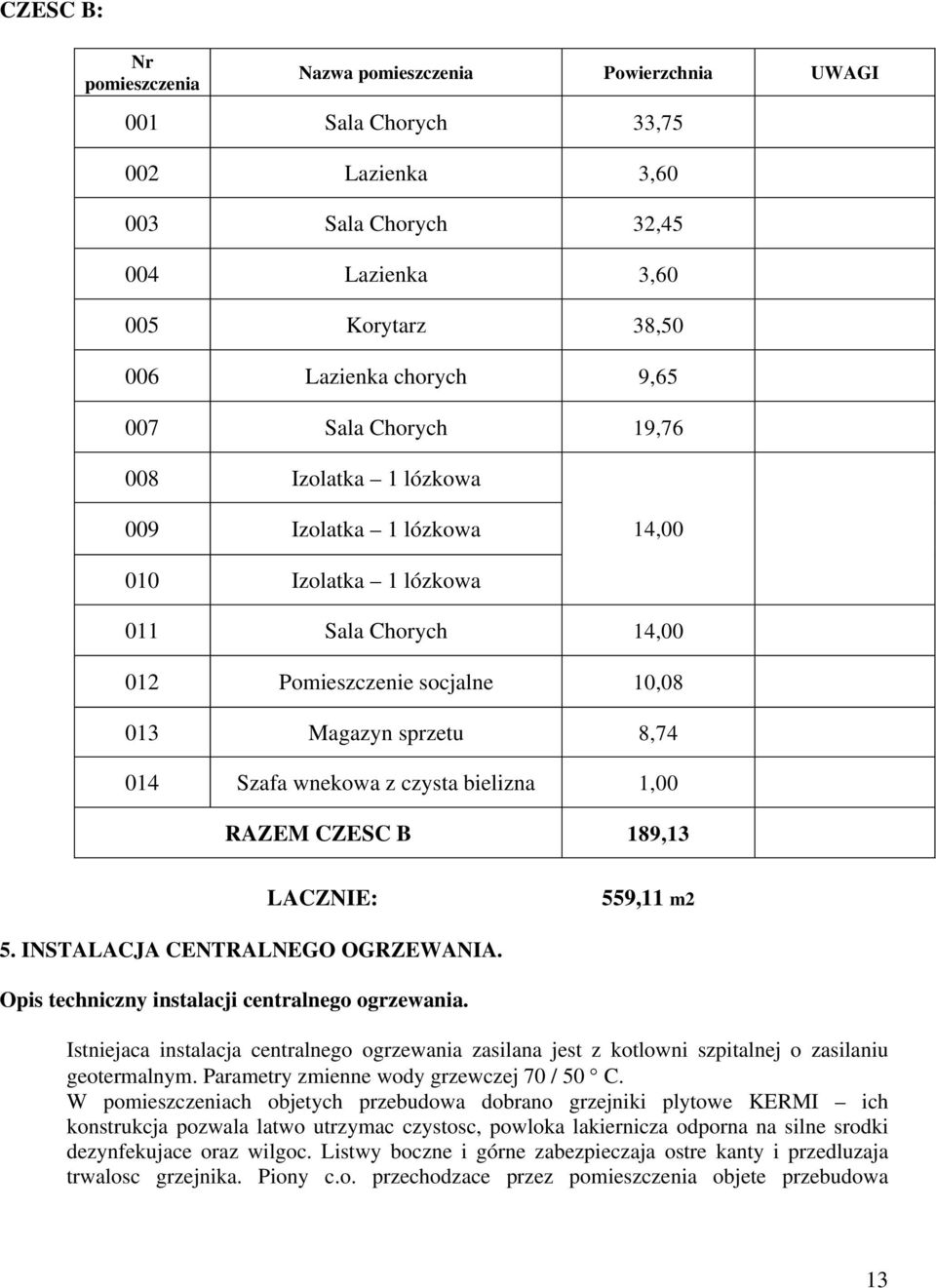 czysta bielizna 1,00 RAZEM CZESC B 189,13 LACZNIE: 559,11 m2 5. INSTALACJA CENTRALNEGO OGRZEWANIA. Opis techniczny instalacji centralnego ogrzewania.
