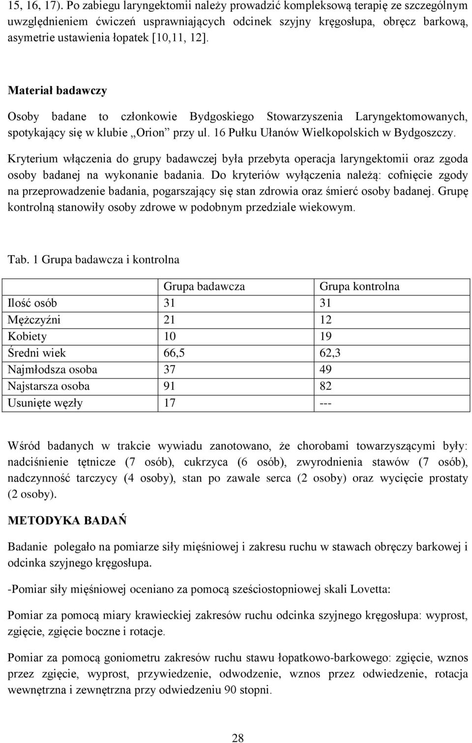 Materiał badawczy Osoby badane to członkowie Bydgoskiego Stowarzyszenia Laryngektomowanych, spotykający się w klubie Orion ul. 16 Pułku Ułanów Wielkopolskich w Bydgoszczy.