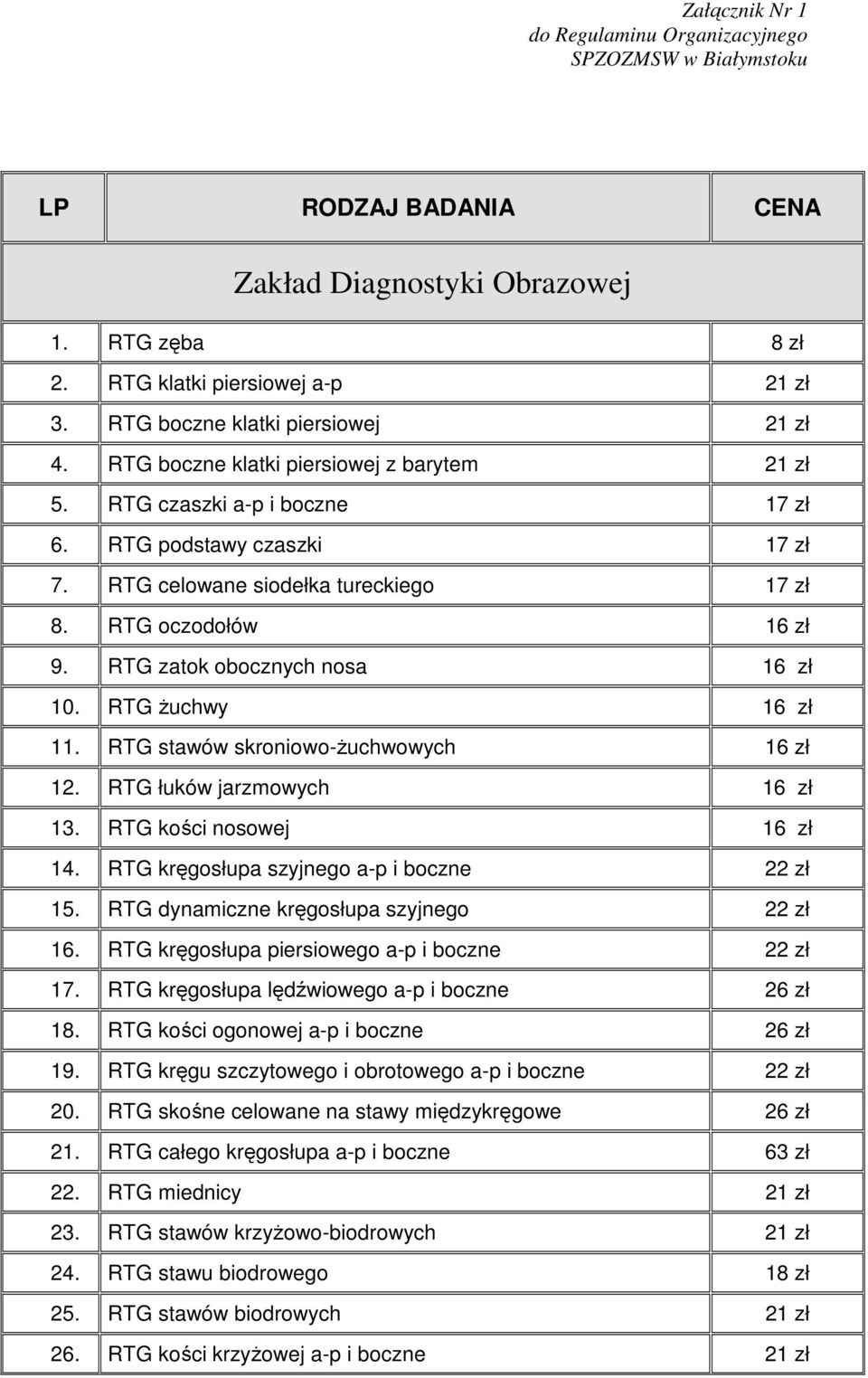 RTG stawów skroniowo-żuchwowych 16 zł 12. RTG łuków jarzmowych 16 zł 13. RTG kości nosowej 16 zł 14. RTG kręgosłupa szyjnego a-p i boczne 22 zł 15. RTG dynamiczne kręgosłupa szyjnego 22 zł 16.