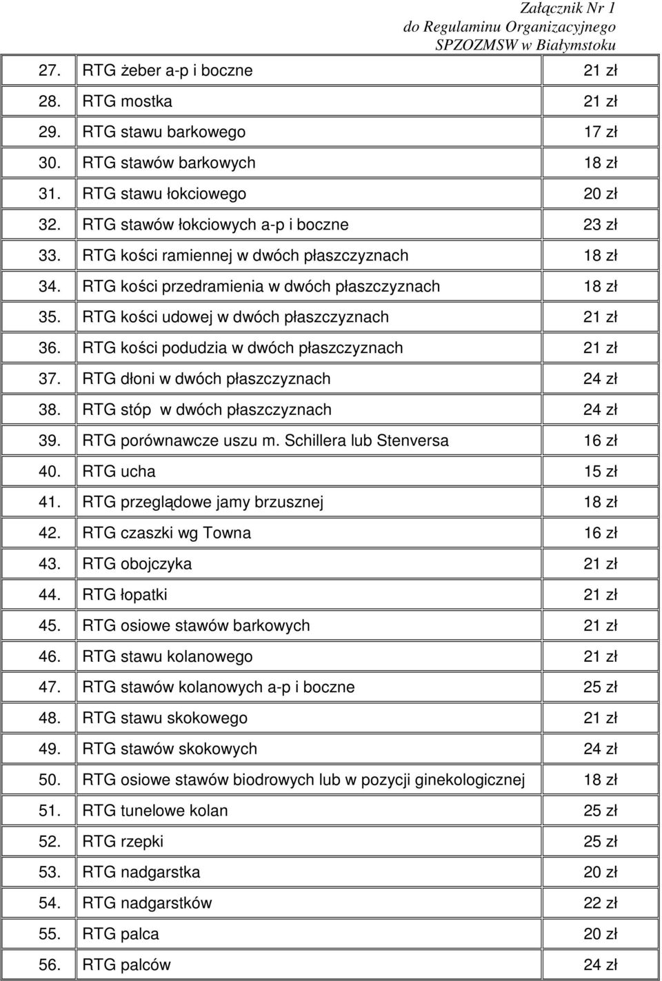 RTG kości podudzia w dwóch płaszczyznach 21 zł 37. RTG dłoni w dwóch płaszczyznach 24 zł 38. RTG stóp w dwóch płaszczyznach 24 zł 39. RTG porównawcze uszu m. Schillera lub Stenversa 16 zł 40.