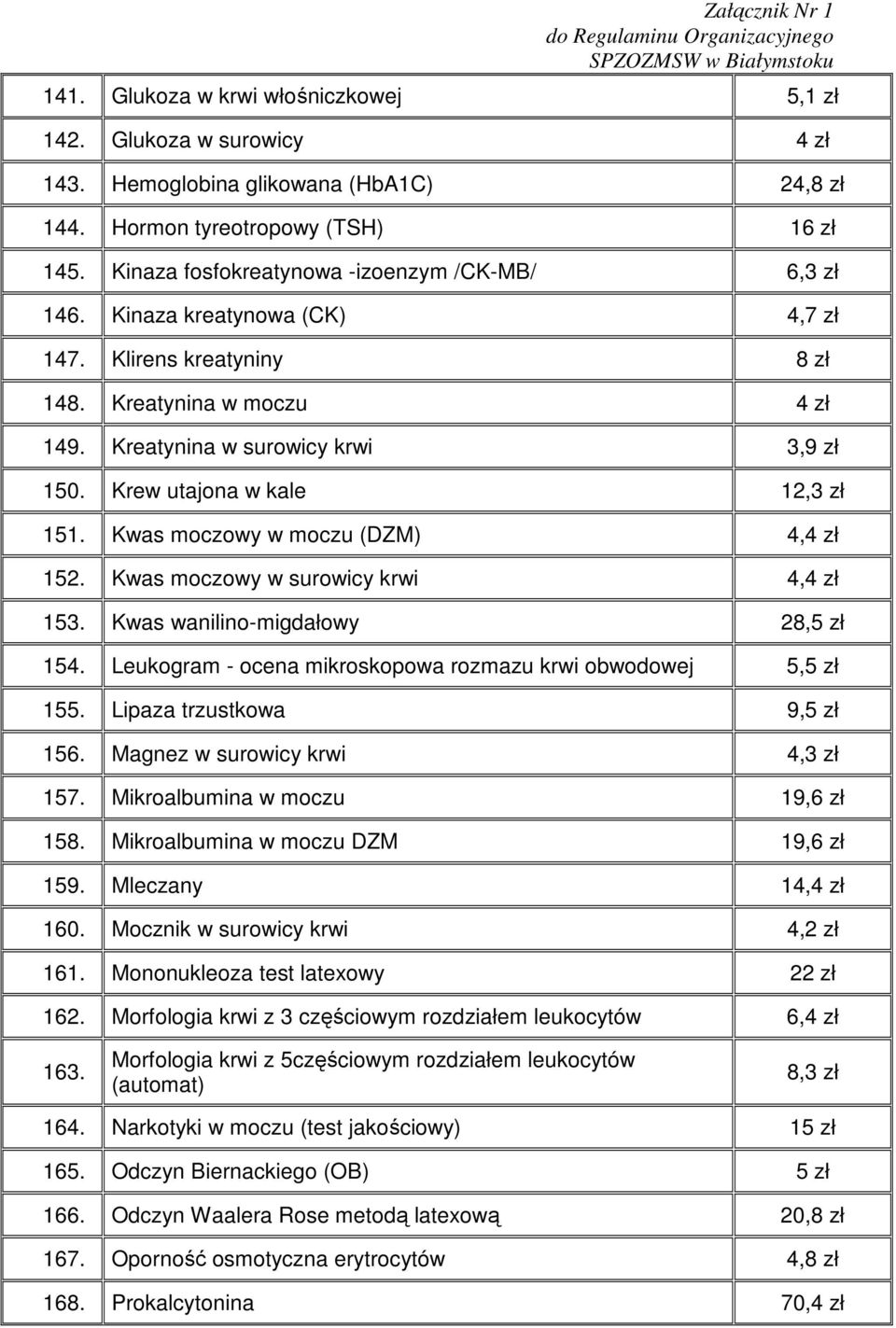 Krew utajona w kale 12,3 zł 151. Kwas moczowy w moczu (DZM) 4,4 zł 152. Kwas moczowy w surowicy krwi 4,4 zł 153. Kwas wanilino-migdałowy 28,5 zł 154.