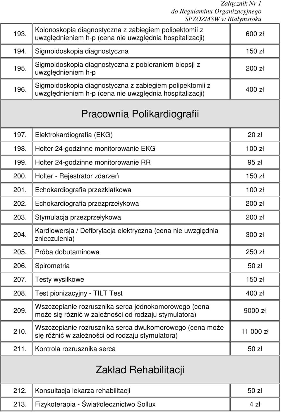 Polikardiografii 200 zł 400 zł 197. Elektrokardiografia (EKG) 20 zł 198. Holter 24-godzinne monitorowanie EKG 100 zł 199. Holter 24-godzinne monitorowanie RR 95 zł 200.