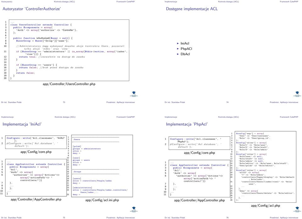 wykonywa ć dowolne a k c j e k o n t r o l e r a Users, p o z o s t a l i ty lk o akcje index oraz view 11 if ( $usergroup == administrators in_array ( $this >action, array ( index, view ) ) ) { 12