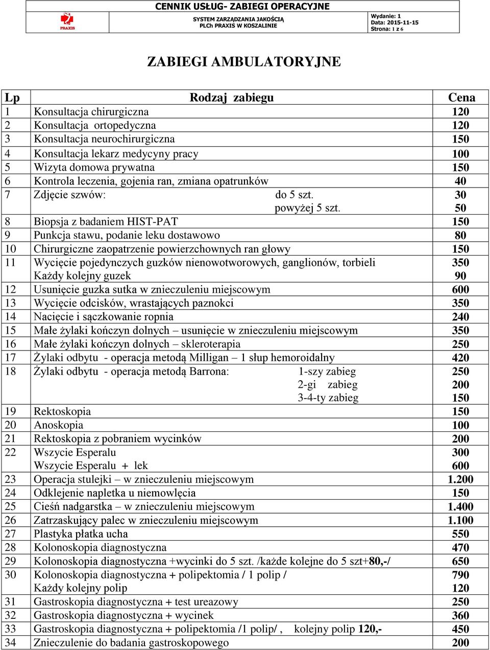 30 50 8 Biopsja z badaniem HIST-PAT 150 9 Punkcja stawu, podanie leku dostawowo 80 10 Chirurgiczne zaopatrzenie powierzchownych ran głowy 150 11 Wycięcie pojedynczych guzków nienowotworowych,