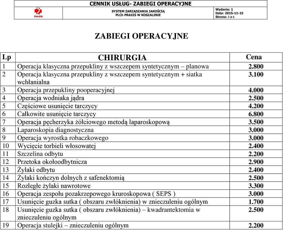 800 7 Operacja pęcherzyka żółciowego metodą laparoskopową 3.500 8 Laparoskopia diagnostyczna 3.000 9 Operacja wyrostka robaczkowego 3.000 10 Wycięcie torbieli włosowatej 2.400 11 Szczelina odbytu 2.