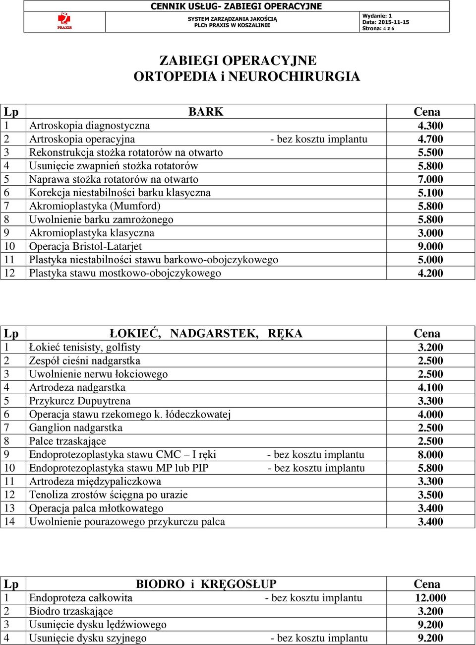 100 7 Akromioplastyka (Mumford) 5.800 8 Uwolnienie barku zamrożonego 5.800 9 Akromioplastyka klasyczna 3.000 10 Operacja Bristol-Latarjet 9.