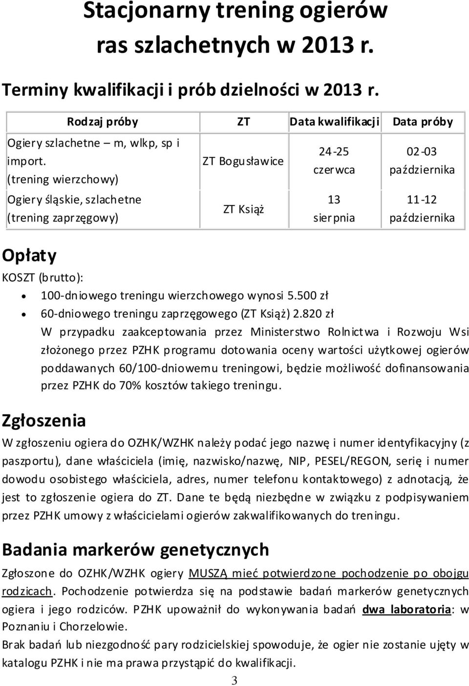 treningu wierzchowego wynosi 5.500 zł 60 dniowego treningu zaprzęgowego (ZT Książ) 2.