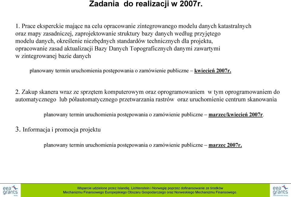 niezbędnych standardów technicznych dla projektu, opracowanie zasad aktualizacji Bazy Danych Topograficznych danymi zawartymi w zintegrowanej bazie danych planowany termin uruchomienia postępowania o