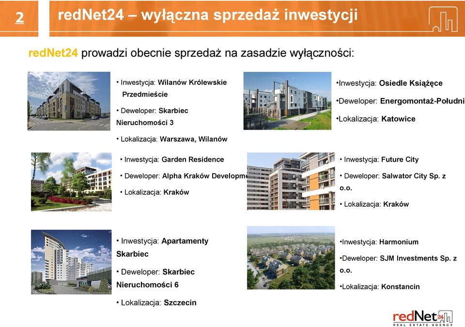 Residence Inwestycja: Future City Deweloper: Alpha Kraków Development Deweloper: Salwator City Sp. z Lokalizacja: Kraków o.o. Lokalizacja: Kraków Inwestycja: Apartamenty Skarbiec Inwestycja: Harmonium Deweloper: SJM Investments Sp.