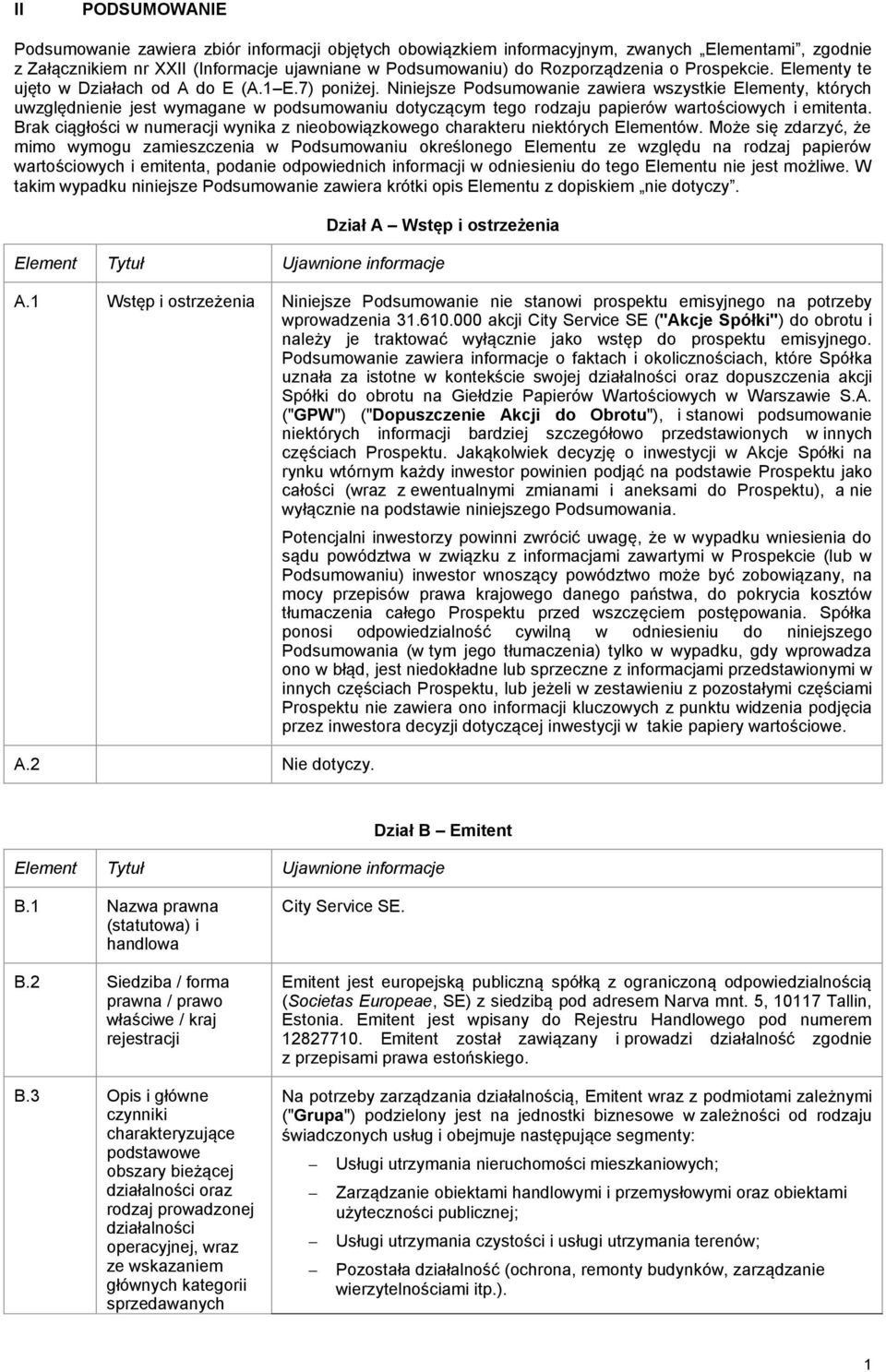 Niniejsze Podsumowanie zawiera wszystkie Elementy, których uwzględnienie jest wymagane w podsumowaniu dotyczącym tego rodzaju papierów wartościowych i emitenta.