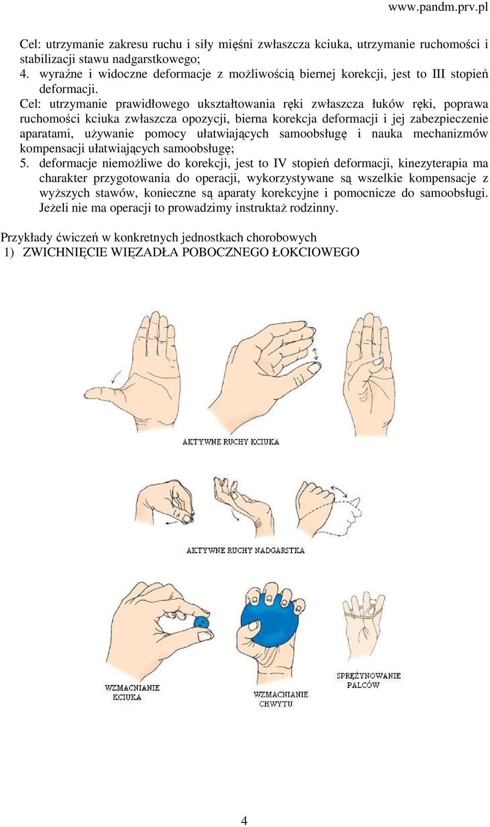 Cel: utrzymanie prawidłowego ukształtowania ręki zwłaszcza łuków ręki, poprawa ruchomości kciuka zwłaszcza opozycji, bierna korekcja deformacji i jej zabezpieczenie aparatami, używanie pomocy