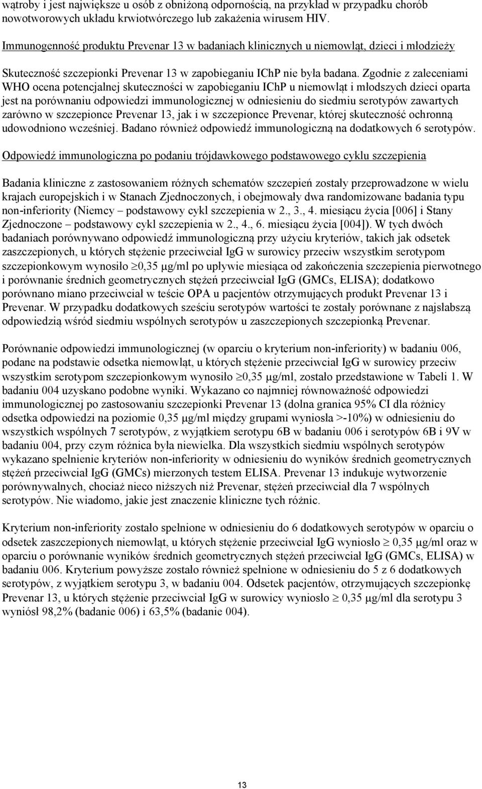 Zgodnie z zaleceniami WHO ocena potencjalnej skuteczności w zapobieganiu IChP u niemowląt i młodszych dzieci oparta jest na porównaniu odpowiedzi immunologicznej w odniesieniu do siedmiu serotypów