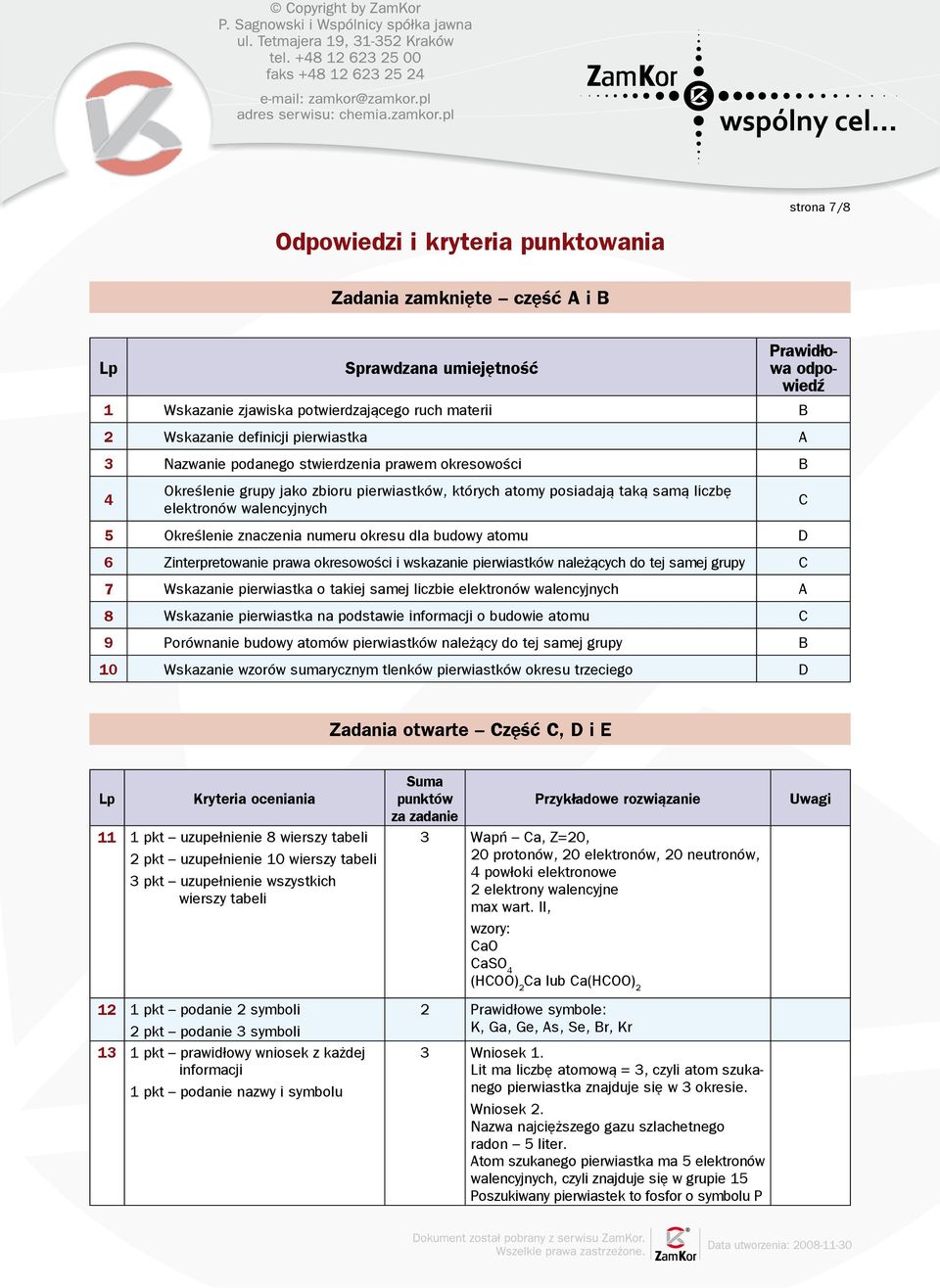 znaczenia numeru okresu dla budowy atomu D 6 Zinterpretowanie prawa okresowości i wskazanie pierwiastków należących do tej samej grupy C 7 Wskazanie pierwiastka o takiej samej liczbie elektronów