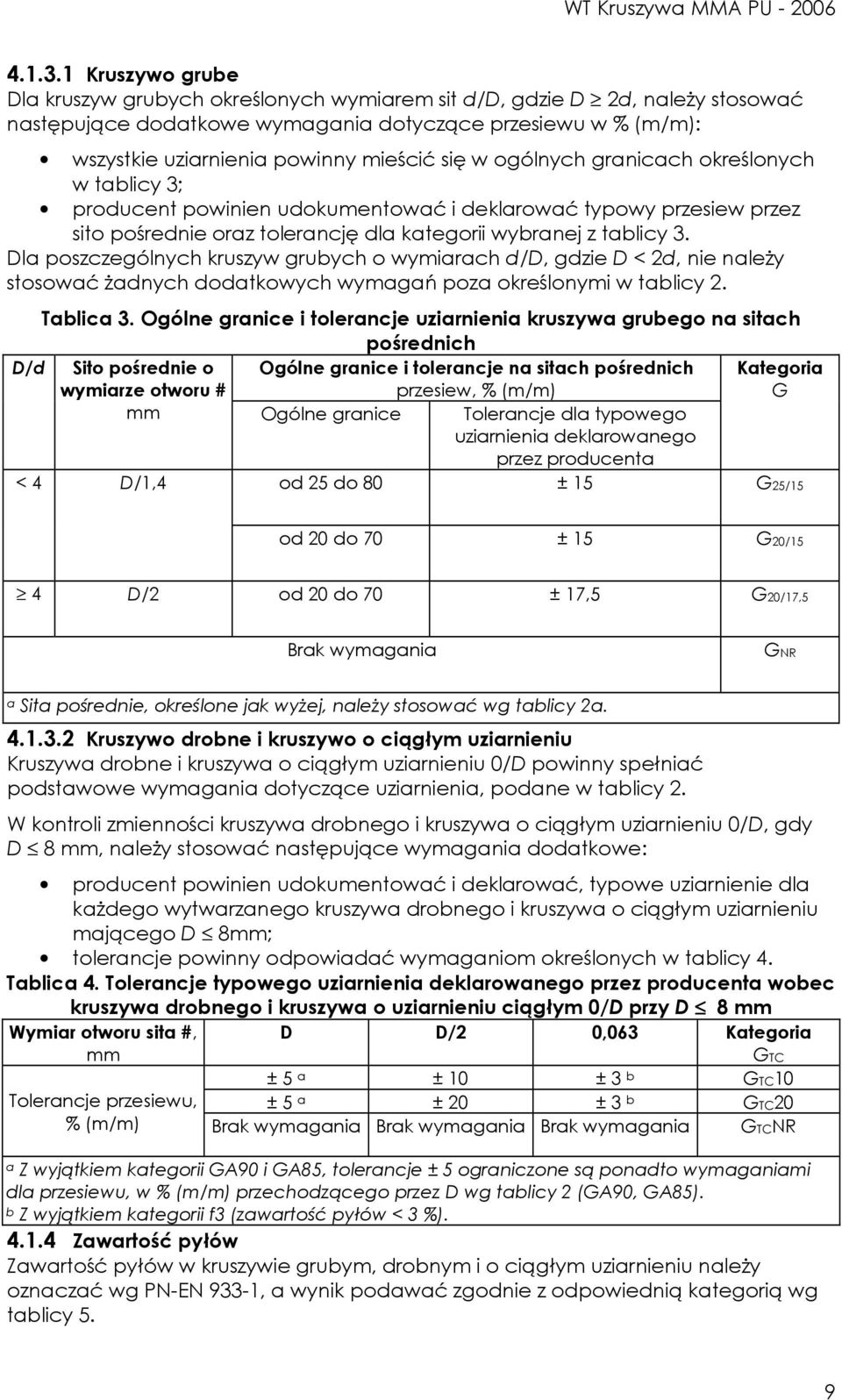 w ogólnych granicach określonych w tablicy 3; producent powinien udokumentować i deklarować typowy przesiew przez sito pośrednie oraz tolerancję dla kategorii wybranej z tablicy 3.