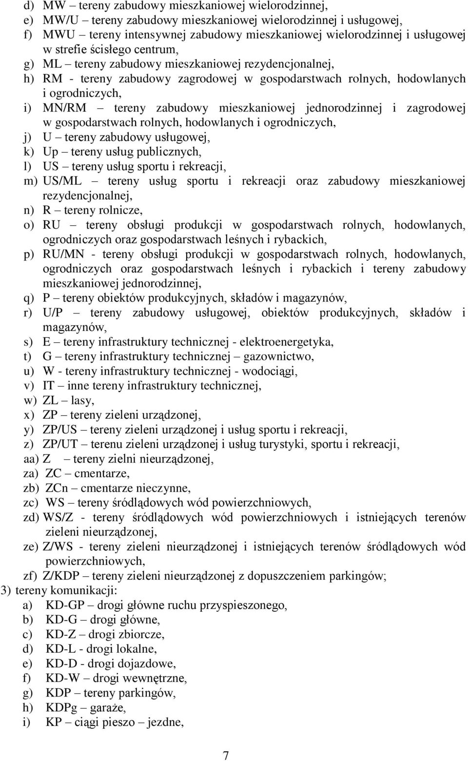 mieszkaniowej jednorodzinnej i zagrodowej w gospodarstwach rolnych, hodowlanych i ogrodniczych, j) U tereny zabudowy usługowej, k) Up tereny usług publicznych, l) US tereny usług sportu i rekreacji,