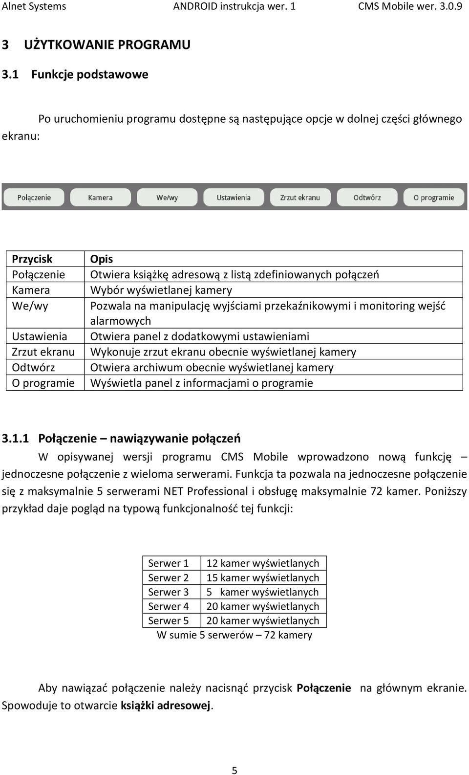 książkę adresową z listą zdefiniowanych połączeń Wybór wyświetlanej kamery Pozwala na manipulację wyjściami przekaźnikowymi i monitoring wejść alarmowych Otwiera panel z dodatkowymi ustawieniami